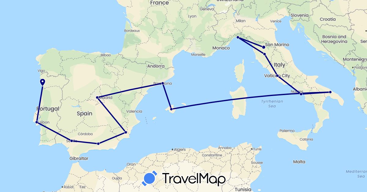 TravelMap itinerary: driving in Spain, Italy, Portugal (Europe)